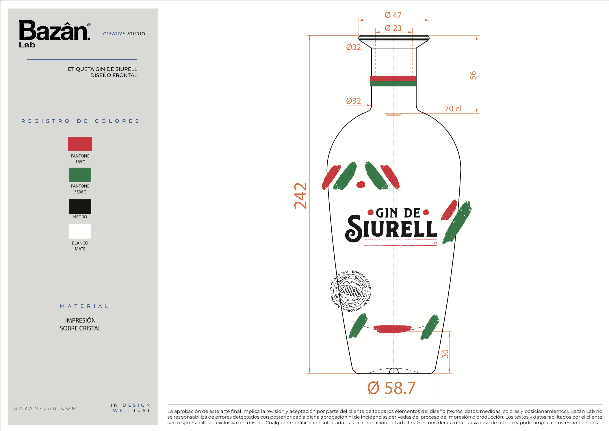 Gin de Siurell &mdash; botella Egg 70cl con etiqueta impresa sobre cristal, dise&ntilde;o Bazan Lab 2026