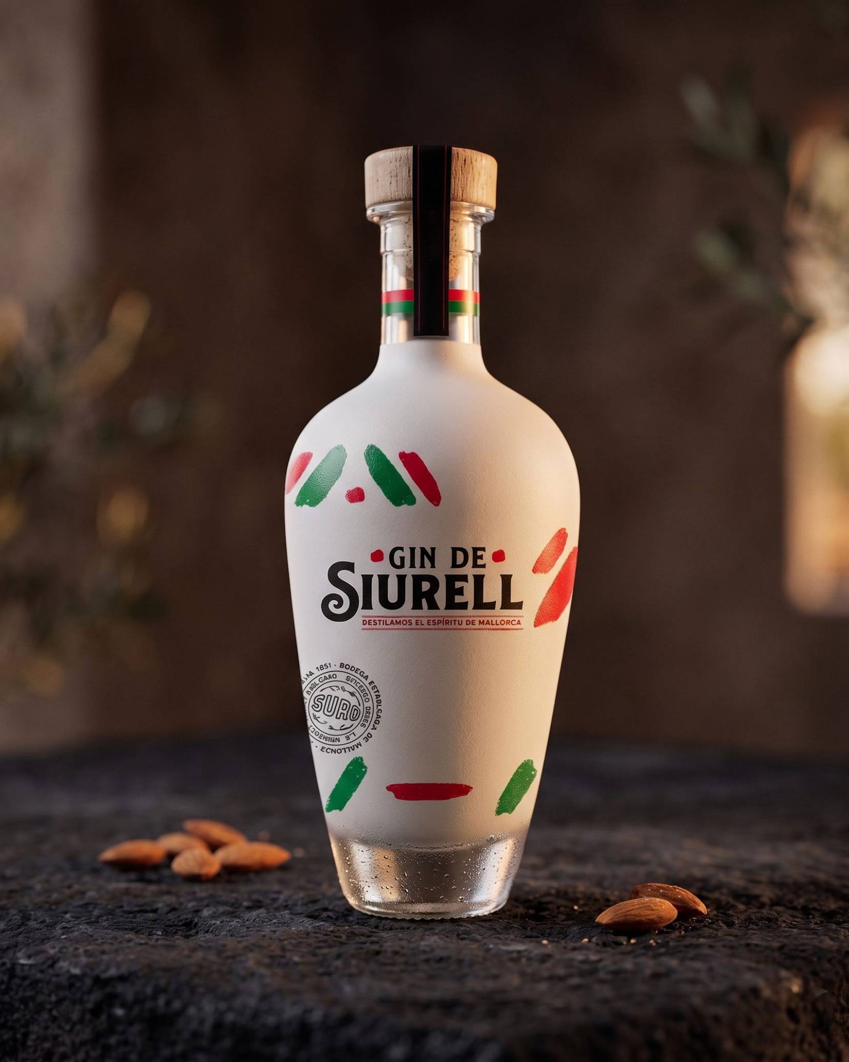Gin de Siurell — diseño de etiqueta frontal con paleta rojo, verde y blanco mate, inspirada en el siurell mallorquín