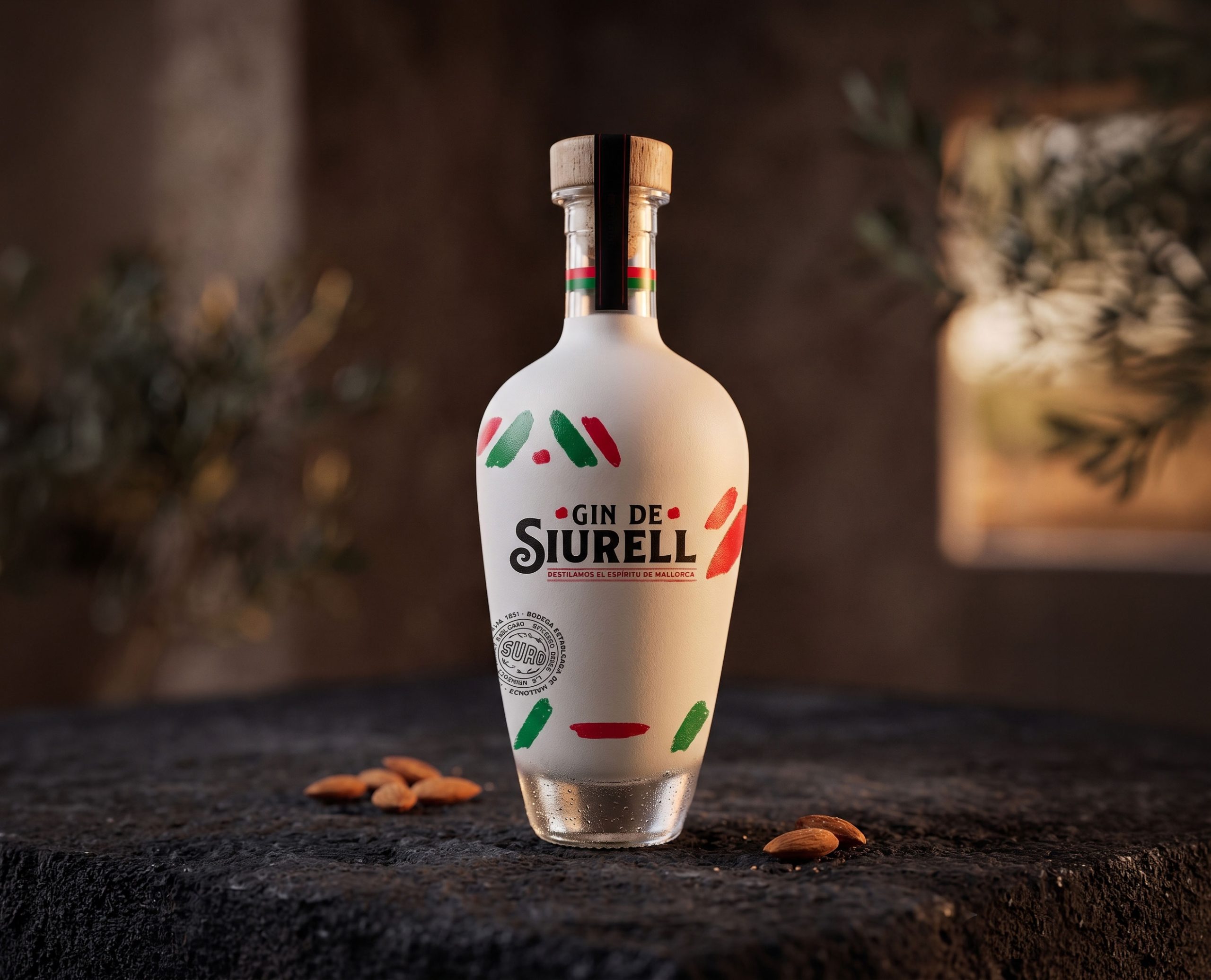 Gin de Siurell — diseño de etiqueta frontal con paleta rojo, verde y blanco mate, inspirada en el siurell mallorquín